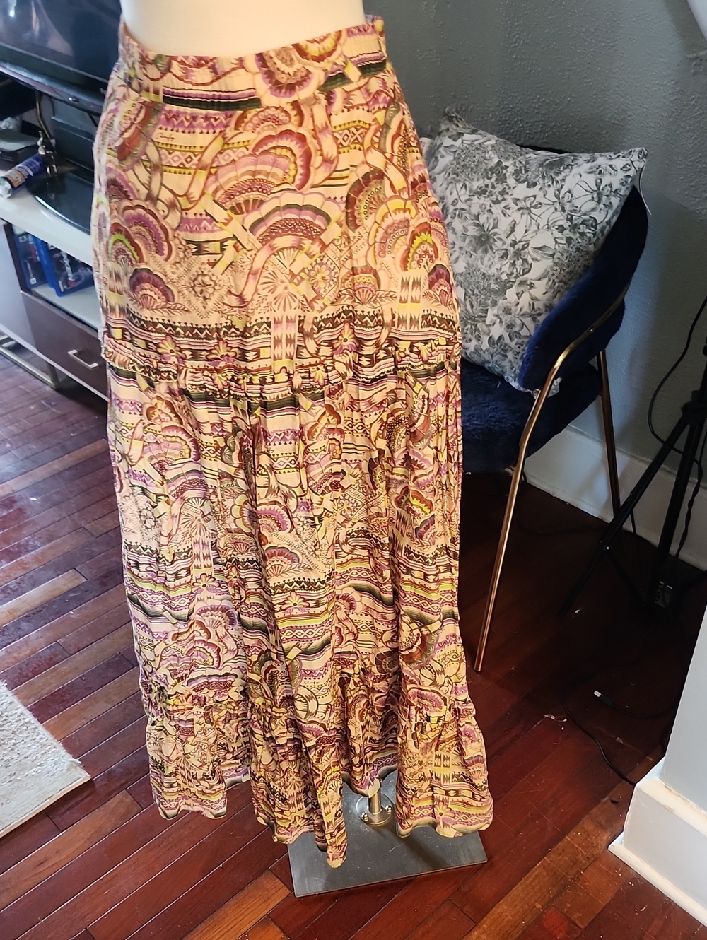 Chufy Bohemian Printed Maxi Skirt in Cream & Pink Cotton & Silk Tiered Sz.M